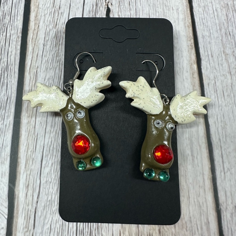 Festive Reindeer Earrings with Red and Green Accents